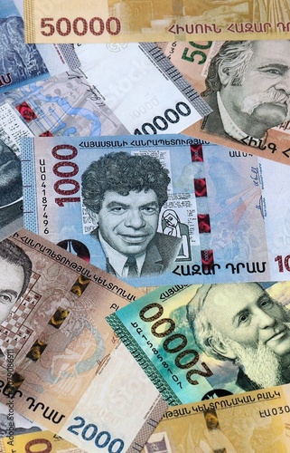 Billede på lærred Armenian dram money banknotes bunch on table