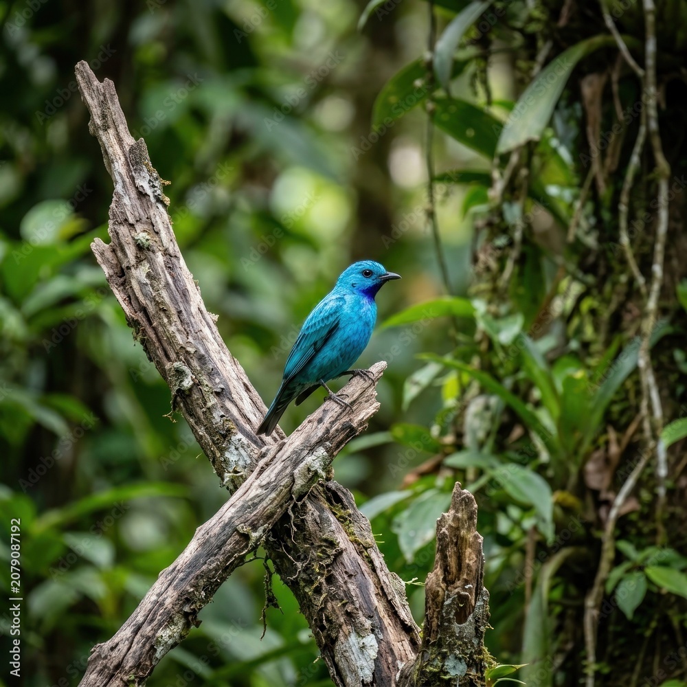 Fototapeta premium Vibrant Blue Bird Perched on a Gnarled Tree Branch in a Lush Forest.