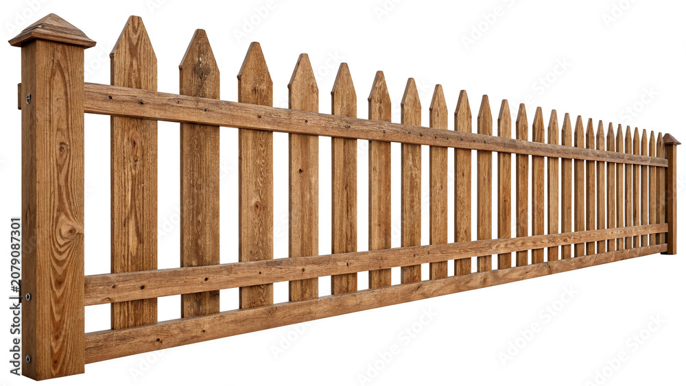 Obraz premium Classic brown wooden picket fence garden border isolated on a transparent background