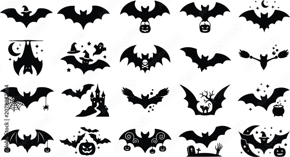 Fototapeta premium Spooky Flying Bats, Haunted House, and Witch Silhouette Elements Pack