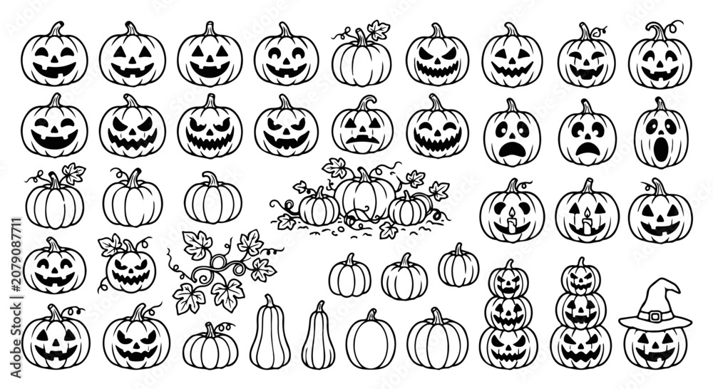 Fototapeta premium Halloween pumpkin jack-o'-lantern icons set, black and white line art spooky pumpkin faces, 40 vector elements for autumn holiday decoration