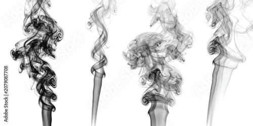 Φωτογραφία Collection of four distinct black smoke swirls rising up in creative patterns