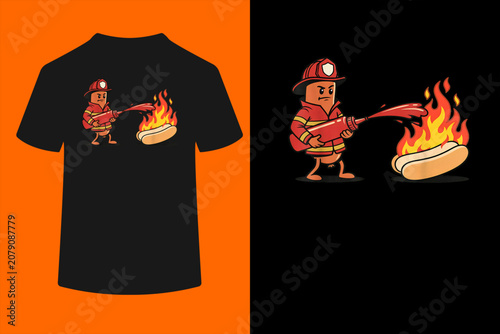 Funny Firefighter Hotdog BBQ Cartoon Humor Art T-Shirt
