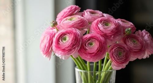 Pink, layered flowers in a glass vase by a window, blurred background