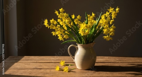 Sunny daffodils in a cream pitcher on a wooden table, lit by sunlight