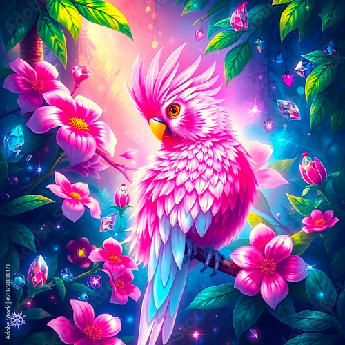Pink Cockatoo in a Fantasy Jungle – Vibrant Tropical Floral Art