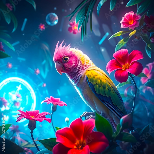 Fantasy Jungle Parrot – Pink, Yellow & Blue Tropical Bird with Bioluminescent Glow