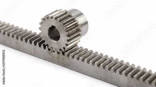 Steel pinion gear meshing perfectly with a flat rack gear component on a white background