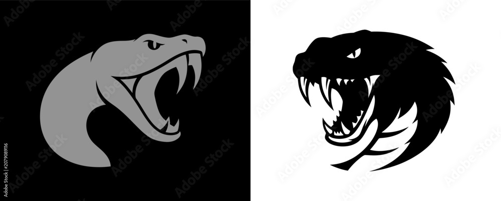 Fototapeta premium Set of aggressive snake head vector illustrations isolated on white and black background.