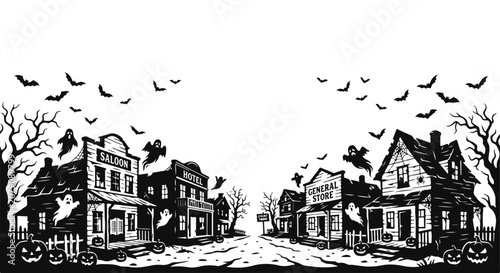 Fotografía Spooky Halloween ghost town vector illustration, haunted wild west street with s