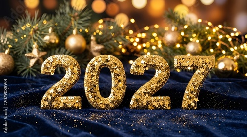 Glossy gold glitter 2027 new year year display with festive bokeh lights