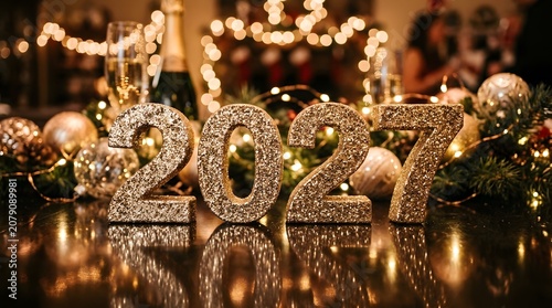Golden Glitter 2027 Numbers with Festive Christmas Lights and Holiday Decorations