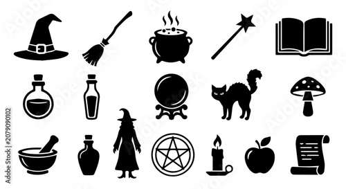 Obraz na plátně Witchcraft and magic icons set, black silhouette occult symbols, mystical wizard