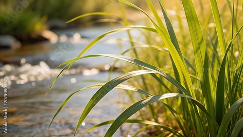 Green grass by a flowing stream