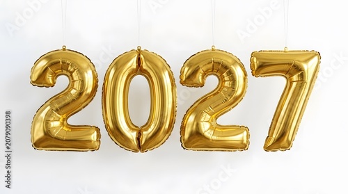 Golden 2027 Foil Balloon Numbers Isolated on White Background