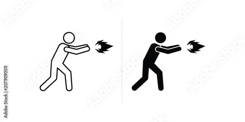 Set of fire magic spell casting icons with stick figure character throwing fireball in outline and solid style