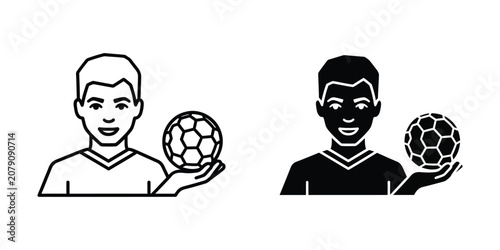 Soccer player icon set featuring a young man holding a football in line art and solid black silhouette styles