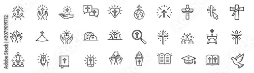 Foto Spirituality catholic spiritual devotion line icons set crucifix scripture worsh