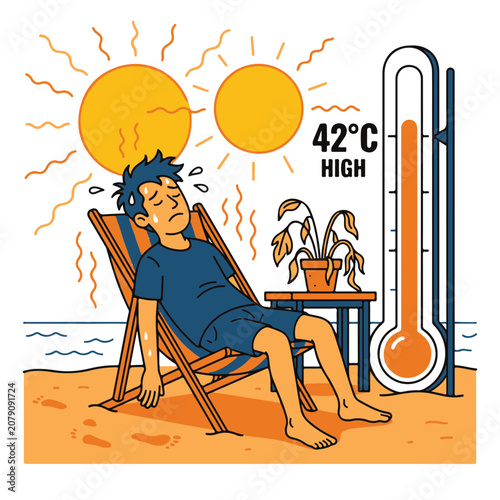 Heatwave Illustration with Man Suffering on Beach from 42 Degrees Celsius High Temperature
