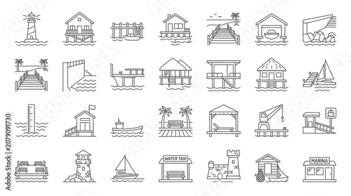 Coastal and marine architecture line icons simple outline vector set for travel 