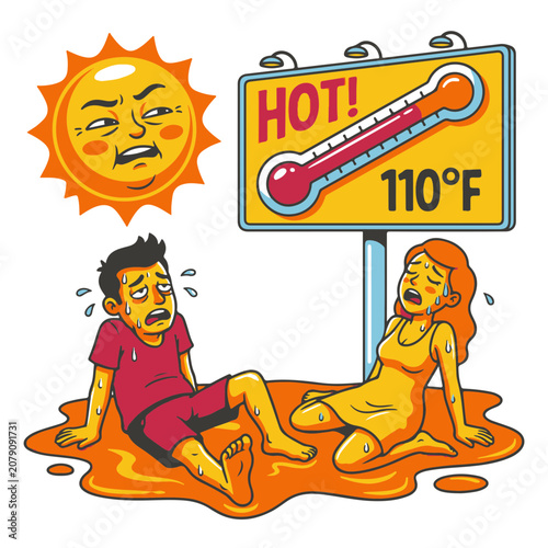 Heatwave Showing People Sweating Profusely and Melting from Extreme Summer Temperature