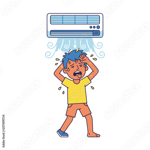 Hot Man Sweating Under Air Conditioner Experiencing Discomfort from High Temperatures