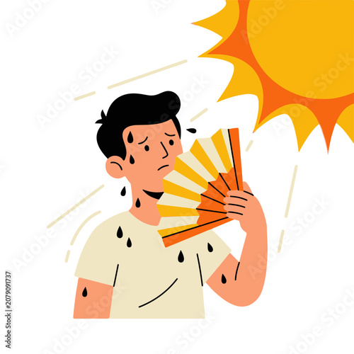 Man Sweating Profusely and Trying to Cool Down with a Fan Under Intense Sun