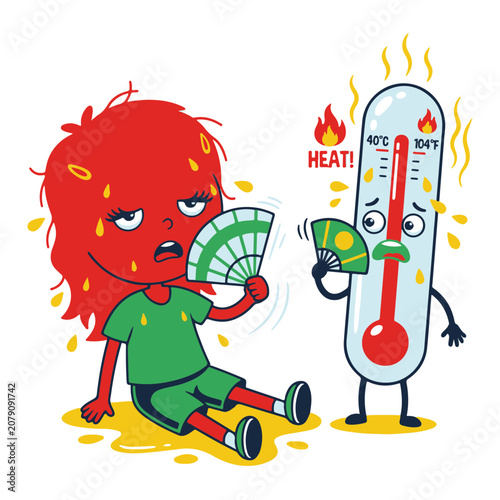 Overheated Character and Thermometer Fanning Themselves During a Scorching Hot Summer Day