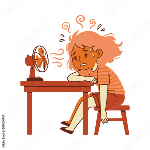 Hot Weather Making a Young Girl Tired and Sweating at Her Desk Using a Fan for Relief
