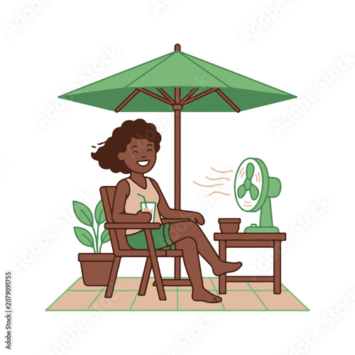 Relaxing Black Woman Enjoying Cool Air from a Fan Under a Patio Umbrella