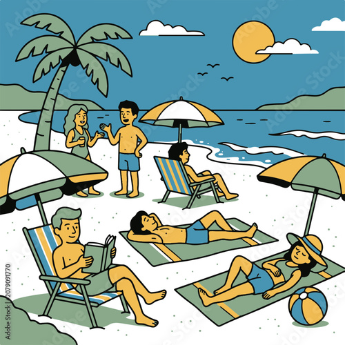 Summer Beach Vacation with People Relaxing Under Umbrellas and Palm Trees