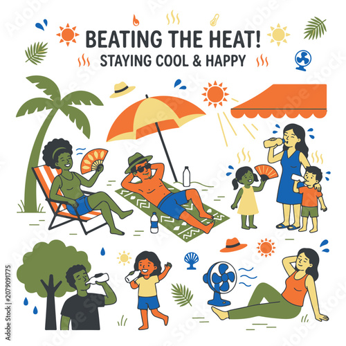 Summer People Staying Cool and Happy During Heatwave with Various Methods