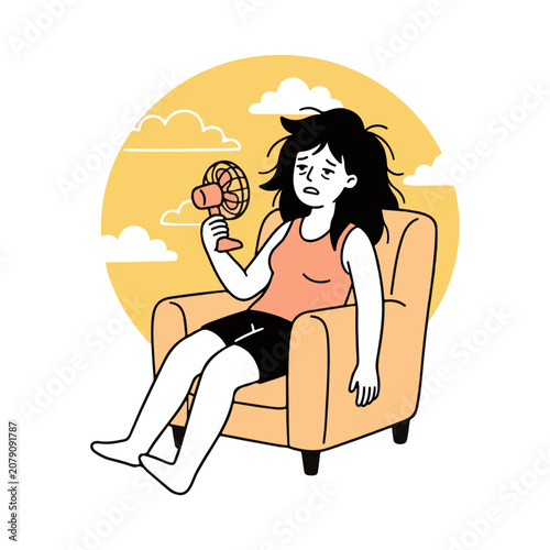 Overheated Woman Struggling with Summer Heat Uses a Small Fan While Relaxing in Her Armchair