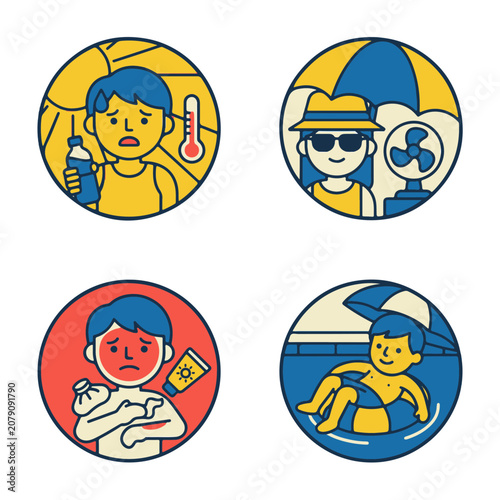 Summer Heat Safety Tips and Sun Protection Vector Illustrations Set for Wellbeing