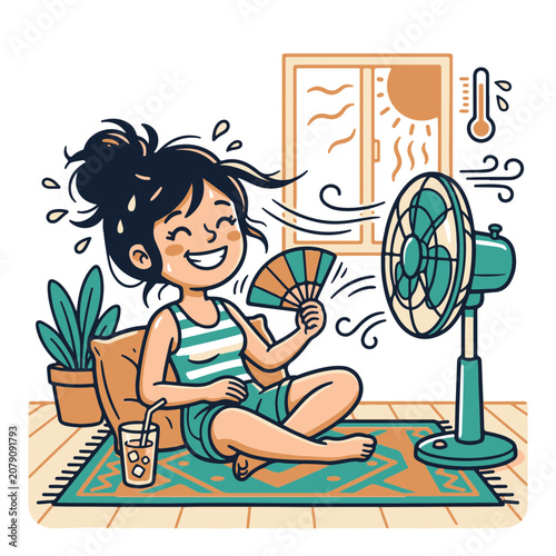 Summer Heat Relief for a Cheerful Woman with a Fan and a Refreshing Iced Drink Indoors