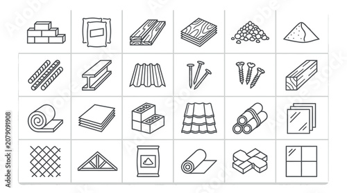 Outline vector icon set of construction materials building supplies for architecture