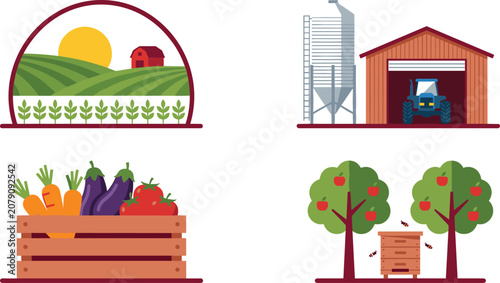 Organic Agriculture and Rural Farming Scene Set with Rolling Crop Fields Barn Tractor Silo Wooden Vegetable Crate and Apple Orchard Beehive Graphics