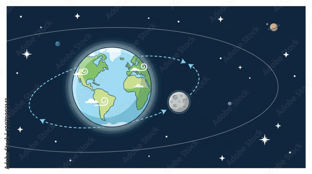 Fototapeta premium Earth and Moon orbiting in space with stars and planets.
