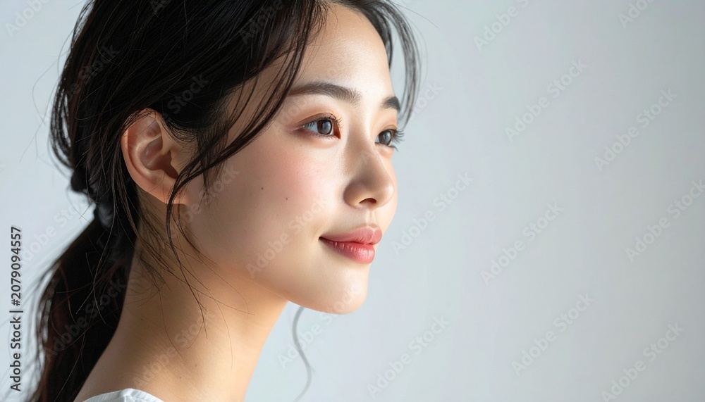 Fototapeta premium ナチュラルな美容ライフと健康的な輝き肌 / Japanese Young Woman Natural Wellness Lifestyle — Calm Glowing Flawless Skin, No-Makeup Fresh Look, Soft Natural Light, Cinematic Beauty Commercial, Versatile Stock Photo, Ultra-