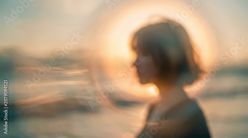 Blurry profile of woman with short hair in front of sunset