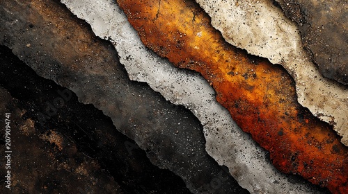 Abstract image shows layers of earth, brown, rust, gray, black textures