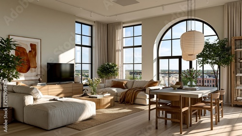  Bright luxury living and dining area with linen seating, storage cabinets, and a warm minimalist aesthetic.