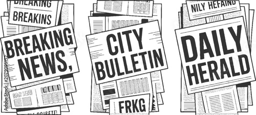 Obraz na płótnie Stack of black and white newspapers with headlines breaking news city bulletin a