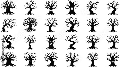 Collection of 24 unique black silhouette tree graphics with twisted branches