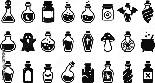 Halloween potion set black glyph icons for spooky designs and occult graphics