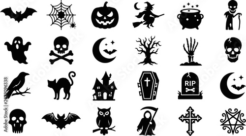 Halloween icons and symbols in black silhouette on white background