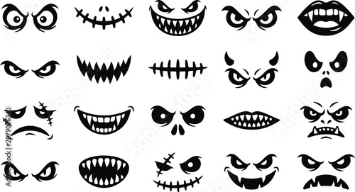 Halloween facial expressions and mouths silhouette set