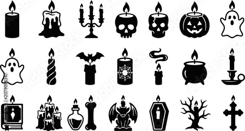 Black silhouette Halloween icon set featuring candles skulls ghosts and spooky decorations
