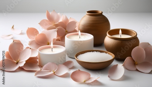 serene composition with candle petals and bowls on white background