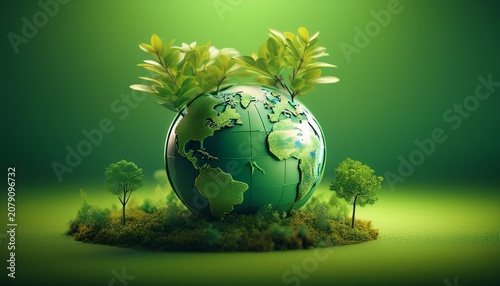 green world globe with small tree and vibrant plant life